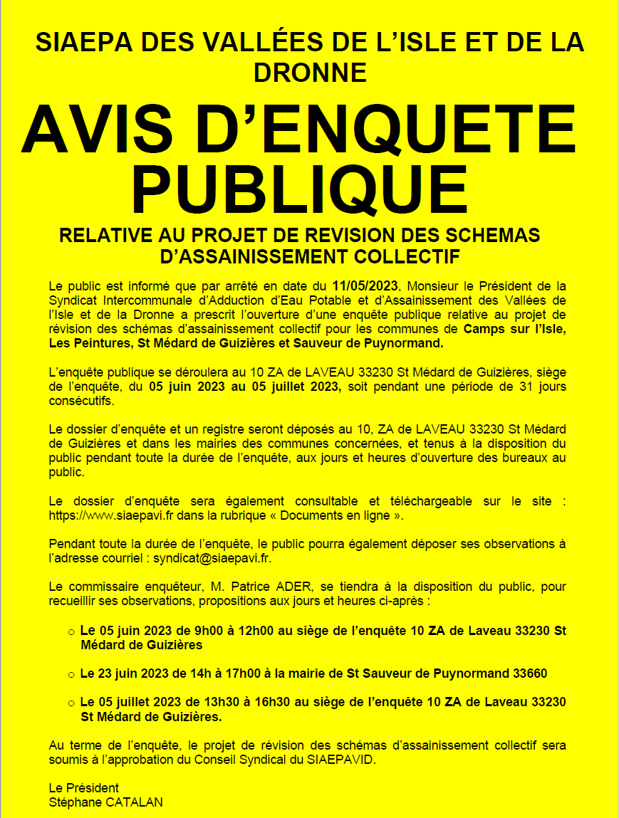 Enquête publique sur la révision des schémas directeurs d'assainissement 